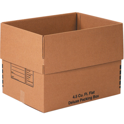 Professional-grade 24x18x18 deluxe packing boxes engineered for high-volume warehouse and fulfillment operations. ECT-32 single-wall kraft construction delivers dependable stacking strength across multiple pallets. Innovative flap tab design keeps carton flaps secure during handling, reducing packing time and material waste.