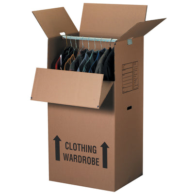 Ship and store hanging garments directly in these heavy-duty 24x20x46 wardrobe packing boxes. Built from ECT-48 double wall corrugated kraft for maximum stacking strength and freight efficiency. Bundle of 5 boxes with hinged hand holes and delivery destination panel–reduce handling time and damage risk.