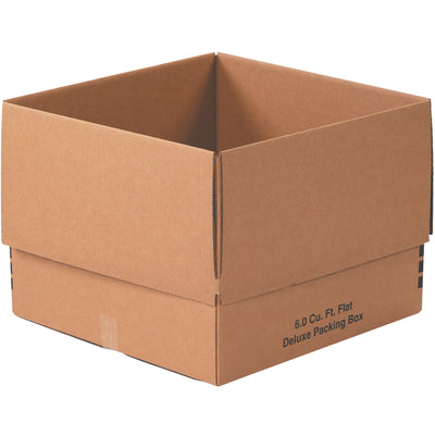 Industrial-grade 24x24x18" deluxe packing boxes manufactured from ECT-32 single-wall kraft corrugated with reinforced flap tabs that hold securely during handling and stacking. Each box delivers 6.0 cubic feet of capacity with reliable crush resistance–sold as a bundle of 10 to maximize freight efficiency and reduce per-unit costs.