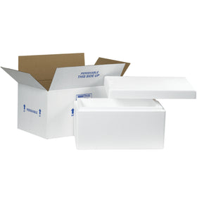 Keep temperature-sensitive products protected with this 17x10x8.25" insulated shipping kit featuring seamless molded EPS foam and durable 200#/ECT-32 white corrugated construction. Pre-assembled and ready to use, with pre-printed shipping instructions (Rush, Perishable, This Side Up). Lightweight and reusable for maximum cost efficiency across multiple shipments.