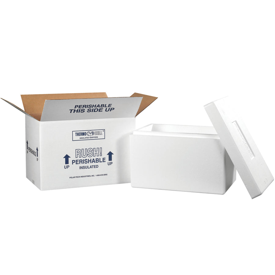 Pre-assembled insulated shipping kit (17" x 10" x 10.5") engineered for temperature-sensitive products. Combines 200#/ECT-32 white corrugated carton with seamless molded EPS foam liner and tight-fitting lid. Lightweight, reusable, and printed with Rush/Perishable/This Side Up compliance markings.