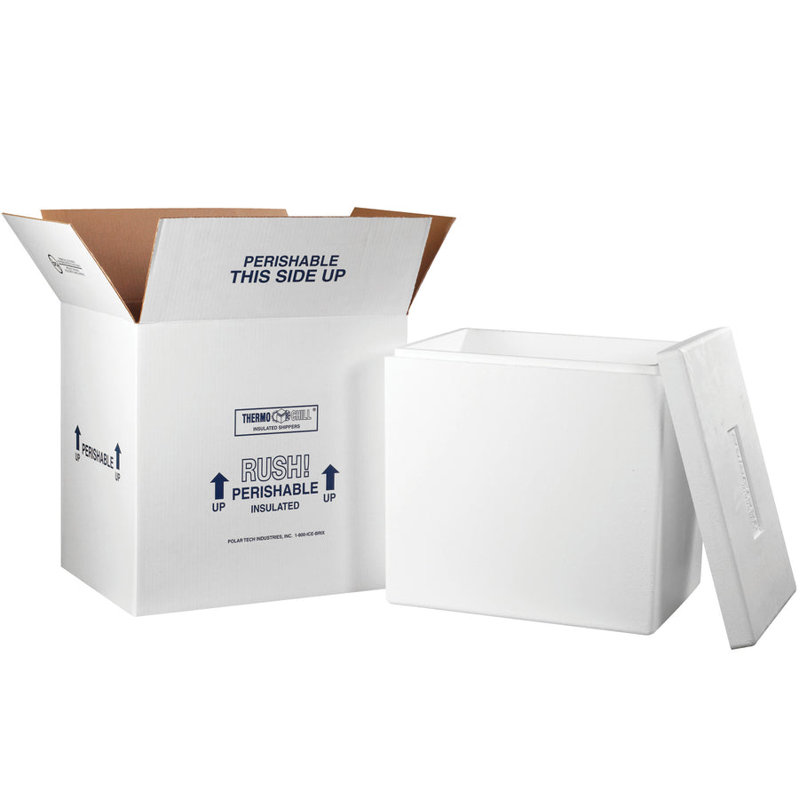 Protect temperature-sensitive products with this pre-assembled 18x14x19 insulated shipping kit. Features a seamless molded EPS foam container inside durable 200#/ECT-32 white corrugated carton with pre-printed shipping instructions (Rush, Perishable, This Side Up). Lightweight and reusable for cost-effective repeat shipments.