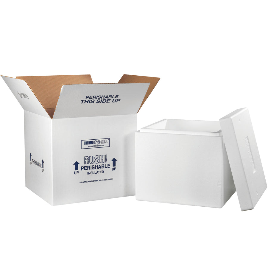 Protect temperature-sensitive shipments with this pre-assembled insulated shipping kit featuring molded EPS foam interior and 200# white corrugated carton. Dimensions: 16.75" x 16.75" x 15". Each case includes one complete kit with tight-fitting lid and pre-printed shipping instructions (Rush, Perishable, This Side Up).