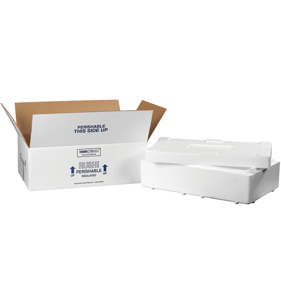 Protect temperature-sensitive shipments with this pre-assembled insulated shipping kit featuring seamless molded EPS foam and 200#/ECT-32 white corrugated construction. Lightweight, reusable design with pre-printed shipping instructions (Rush, Perishable, This Side Up). Ideal for perishable products, pharmaceuticals, and food distribution.