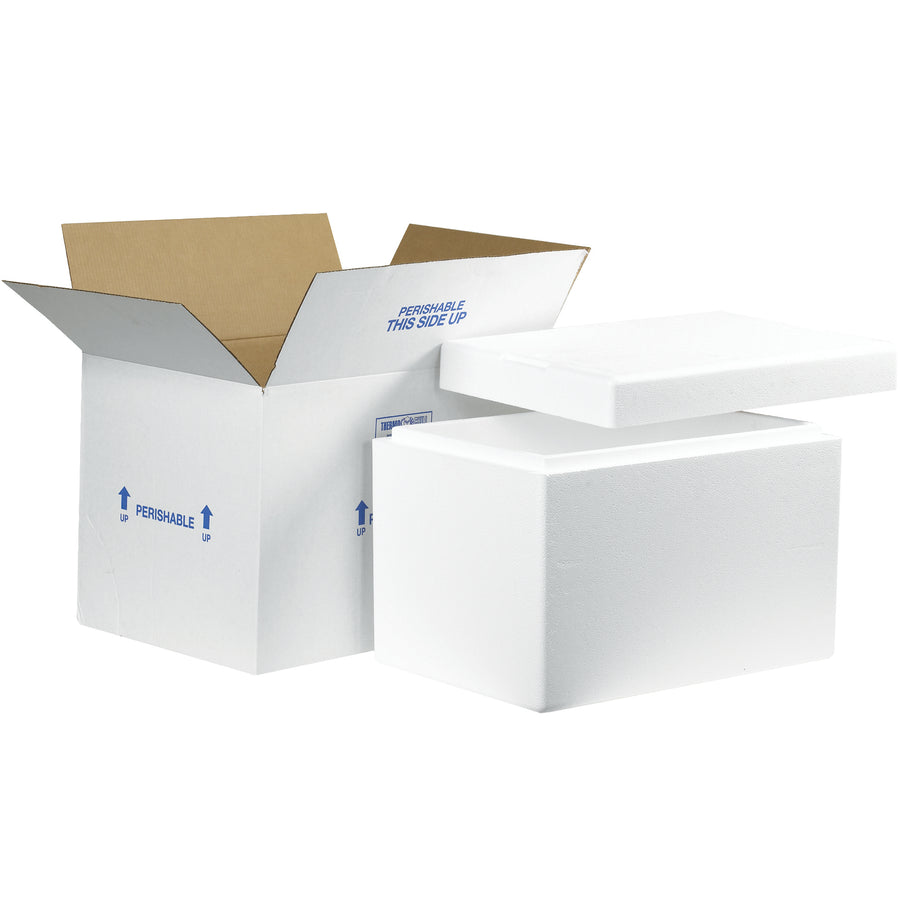 Pre-assembled insulated shipping kit designed for perishable product protection. Features a seamless molded EPS foam container integrated with 200#/ECT-32 white corrugated carton and tight-fitting lid. Lightweight, reusable, and printed with Rush, Perishable, and directional arrows for full shipping compliance.