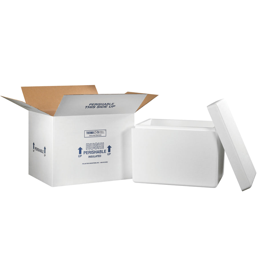 Pre-assembled insulated shipping kit featuring a 200#/ECT-32 white corrugated carton with seamless molded EPS foam container and tight-fitting lid. Dimensions: 21.25" x 15.5" x 15.5". Lightweight, reusable design with printed shipping instructions (Rush, Perishable, This Side Up) for complete shipping compliance.