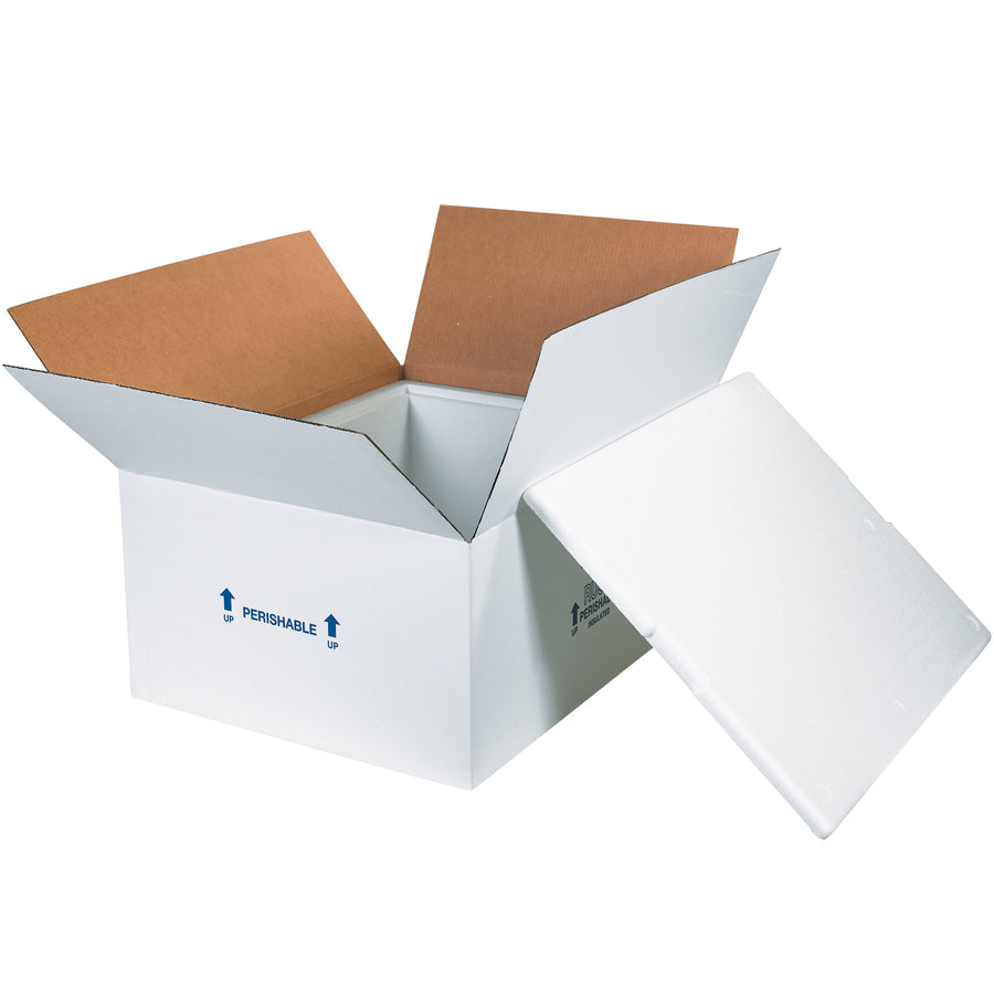 Pre-assembled insulated shipping kit with seamless molded EPS foam container and 200# white corrugated carton. Maintains temperature integrity for perishable products during transit. Lightweight, reusable, and pre-printed with shipping instructions (Rush, Perishable, This Side Up arrows).