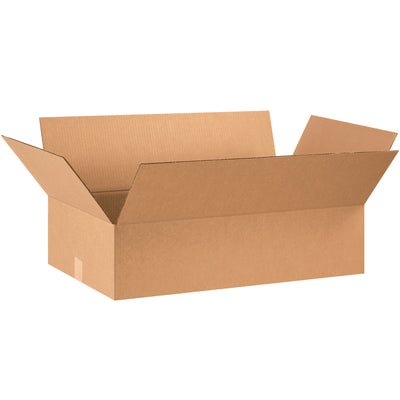 ECT-32 kraft corrugated shipping boxes sized 28" × 16" × 7" for shallow products and lightweight items. Ships flat in bundles of 20 to maximize warehouse efficiency and reduce freight spend. Ideal for apparel, books, frames, artwork, and mirrors.