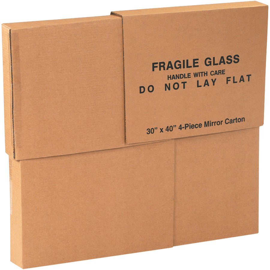 Purpose-built 30x40x3.5" mirror boxes engineered for fragile glass and delicate items. Each bundle includes four flat-shipped kraft corrugated carton pieces (ECT-32 single wall) that assemble into one complete shipping container with built-in handling warnings.