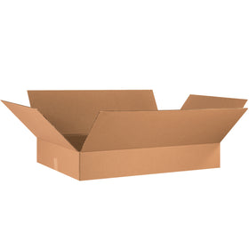 ECT-32 kraft corrugated boxes in 34x21x6" dimensions designed for shallow-depth products like apparel, books, and framed items. Ships flat to maximize storage efficiency and reduce freight costs. Sold as a bundle of 10 cartons.