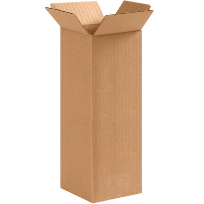 Heavy-duty 4x4x10 tall corrugated boxes built from ECT-32 kraft material for secure end-loading of elongated items. Perfect replacement for mailing tubes when shipping trophies, fishing rods, or shelving units. Bundle of 25 boxes ships flat for maximum freight efficiency and storage savings.
