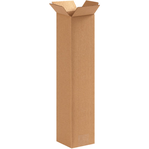 End-loading 4x4x18 tall corrugated boxes made from ECT-32 kraft single-wall material–strong enough for stacking and designed for vertical items. Ships flat in bundles of 25 for maximum freight efficiency. Perfect replacement for mailing tubes and ideal for trophies, fishing rods, and shelving.