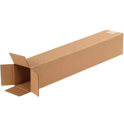 Heavy-duty ECT-32 kraft corrugated boxes sized 4x4x24" for shipping tall items like fishing rods, trophies, and shelving units. End-loading design enables fast, efficient packing and sealing. Sold as a 25-box bundle, shipped flat to maximize freight efficiency and reduce storage footprint.