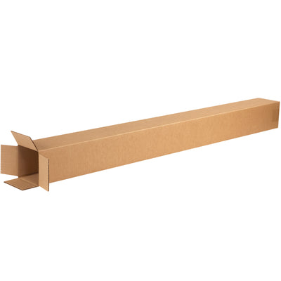 Space-efficient 4x4x46 tall corrugated boxes made from ECT-32 kraft single wall material. End-load design enables fast, efficient packing and sealing operations. Ships flat in bundles of 25–perfect for warehouses requiring vertical storage solutions without the weight penalty of mailing tubes.