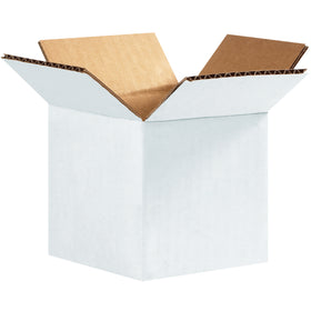 White corrugated shipping boxes in a compact 4x4x4 cube design, built with ECT-32 single wall strength. Perfect for small product shipments, sample boxes, or retail fulfillment. Sold in bundles of 25 to maximize your packaging efficiency and reduce per-unit costs.
