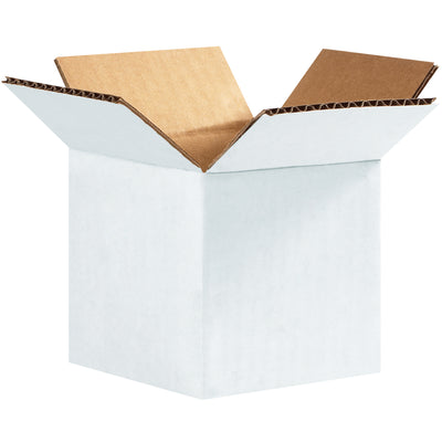 White corrugated shipping boxes in a compact 4x4x4 cube design, built with ECT-32 single wall strength. Perfect for small product shipments, sample boxes, or retail fulfillment. Sold in bundles of 25 to maximize your packaging efficiency and reduce per-unit costs.
