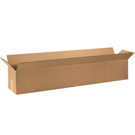 ECT-32 kraft corrugated long boxes designed for efficient packing of elongated items like wine bottles, umbrellas, and carpet rolls. The 48" length with 10" x 10" cross-section and long-side opening maximizes accessibility and reduces packing time. Sold in bundles of 20, flat for freight efficiency.