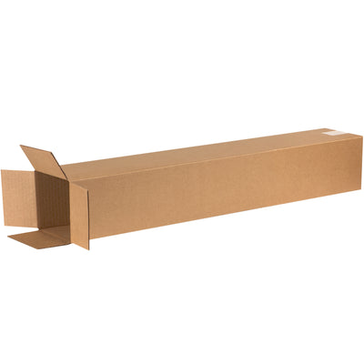 Heavy-duty 6x6x38 tall corrugated boxes built with ECT-32 kraft material for secure shipping of long items like fishing rods, trophies, and shelving units. End-loading design enables fast, efficient packing. Sold flat in bundles of 25 for maximum freight efficiency and cost savings.