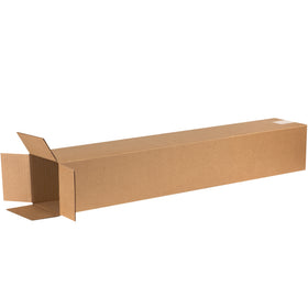 Premium ECT-32 single-wall kraft corrugated boxes sized 6" x 6" x 40" for shipping tall items like rods, shelving, and trophies. End-loading design enables fast, efficient packing and sealing. Sold flat in bundles of 25 to maximize freight efficiency and storage space.