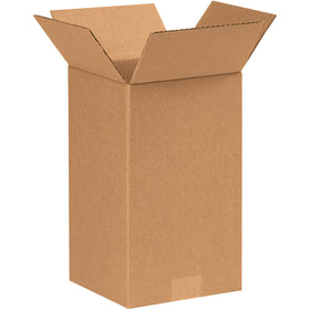 ECT-32 kraft corrugated boxes sized 7" x 7" x 12" for vertical shipping of trophies, shelving, and fishing rods. End-loading design simplifies packing and sealing. Sold and shipped flat in bundles of 25 for maximum storage efficiency.