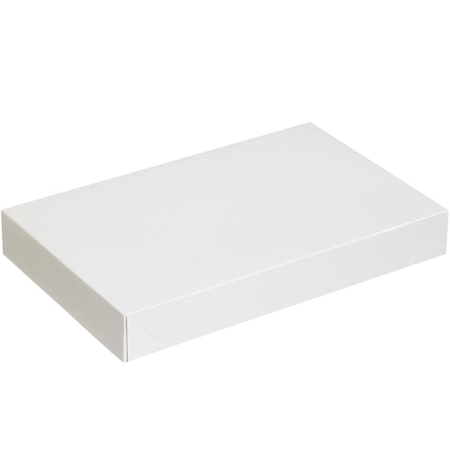 Fast-assembling white apparel boxes designed for retail clothing shipments. Two-piece construction folds together in seconds; .020 point recycled fibreboard construction keeps costs down while meeting durability standards. Sold in convenient case quantities of 50 boxes.