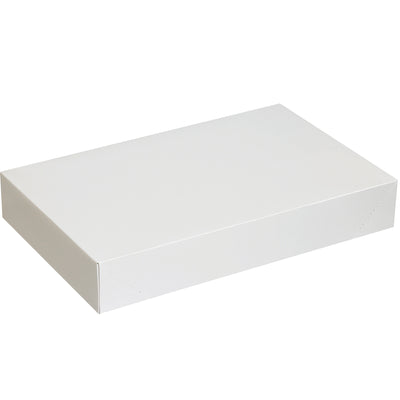 Two-piece white chipboard cartons with gray interior fold together in seconds for instant deployment. These 24x14x4 apparel boxes are constructed from .020 point recycled fiberboard–ideal for coats, retail items, and gift packaging. Sold by the case (25 units) at wholesale pricing for maximum cost efficiency.