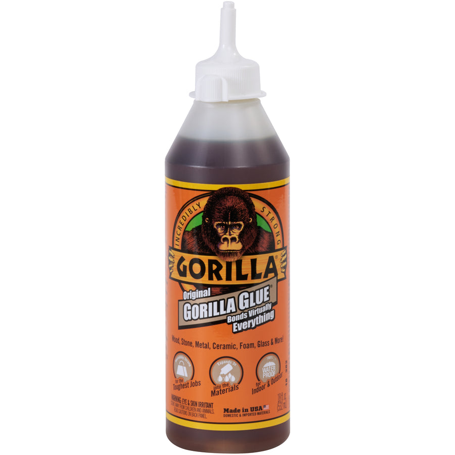Industrial-grade waterproof adhesive delivering maximum strength for manufacturing, assembly, and repair operations. This 18 oz. Gorilla Glue expands 3-4x while curing to penetrate surfaces and create unbreakable bonds on wood, metal, glass, concrete, ceramics, and foam. Heat, cold, and moisture-resistant formula ensures reliable performance in extreme conditions–dried glue is paintable, stainable, and sandable for seamless finishing.