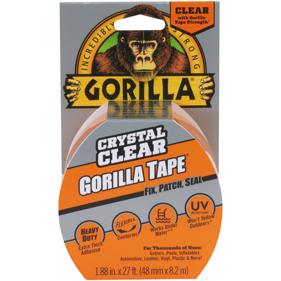 The 2" x 27' Gorilla Clear Repair Tape delivers industrial-strength adhesion across rough, smooth, and uneven surfaces without yellowing or degrading. This 7 mil waterproof and UV-resistant repair tape handles demanding packaging, equipment maintenance, and facility protection applications. Ships as case of 1 roll with easy hand-tear notched edge design.