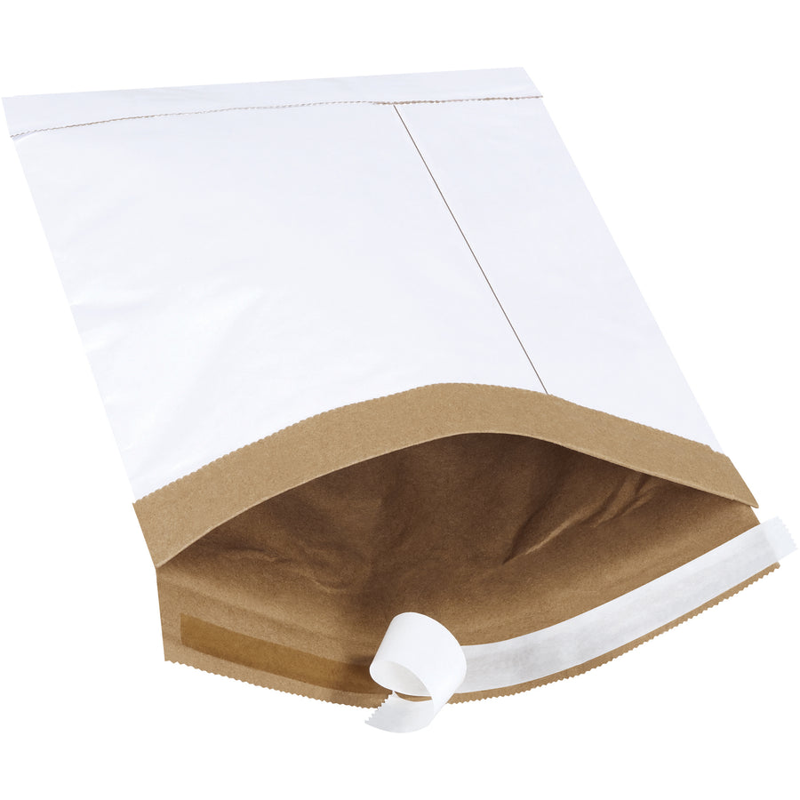 Professional white self-seal padded mailers built for e-commerce brands shipping lightweight to medium products. Expandable fiber padding absorbs shock while peel-and-seal closure with natural rubber adhesive ensures secure, damage-free delivery‚no additional cushioning required. 100 per case.