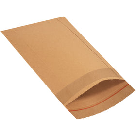 Professional-grade 9.5x13" self-seal Jiffy Rigi Bag mailers featuring laminated kraft fiberboard construction that eliminates the need for additional stiffeners. High-strength cohesive seal flap and tear strip for efficient packing and customer opening. Sold in cases of 200.