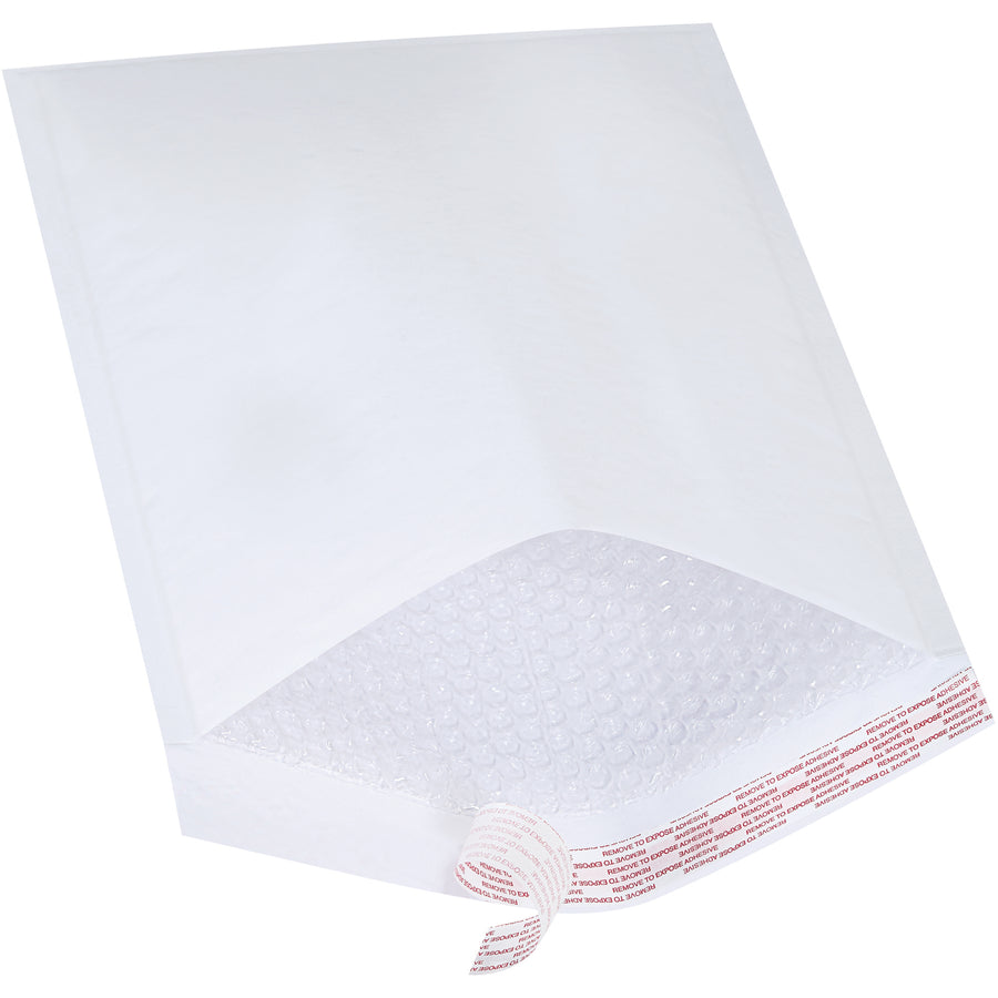 Protect fragile shipments with these white self-seal bubble mailers featuring 3/16" high slip bubble lining for easy product insertion. #5 size (10.5" x 16") covers items like electronics, cosmetics, and small breakables. Case of 25 delivers lightweight cushioning with tamper-evident peel-and-stick closure.