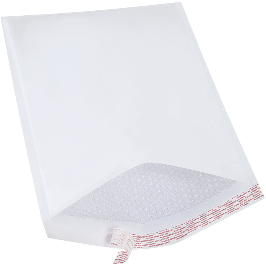 Premium 14 1/4 x 20" white self-seal bubble mailers designed for e-commerce packers shipping fragile items. Each case includes 50 mailers with 3/16" high-slip bubble lining for fast product insertion and a peel-and-stick closure that's both secure and tamper-evident. Professional white paper exterior keeps your brand looking polished.