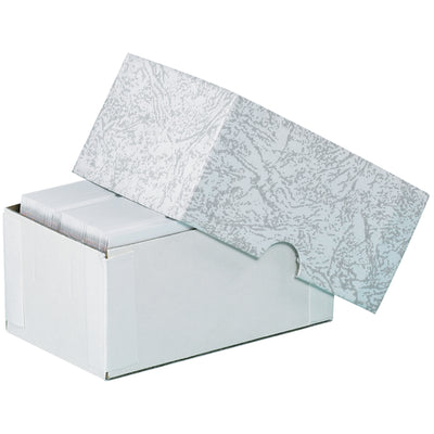 Pre-assembled stationery set-up cartons in professional gray leatherette with zero folding required. Ideal for protecting business cards, letterhead, and premium stationery items. Strong two-piece fibreboard construction in cases of 100 units.