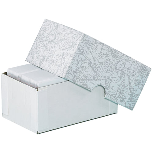 Pre-assembled stationery set-up cartons in professional gray leatherette with zero folding required. Ideal for protecting business cards, letterhead, and premium stationery items. Strong two-piece fibreboard construction in cases of 100 units.
