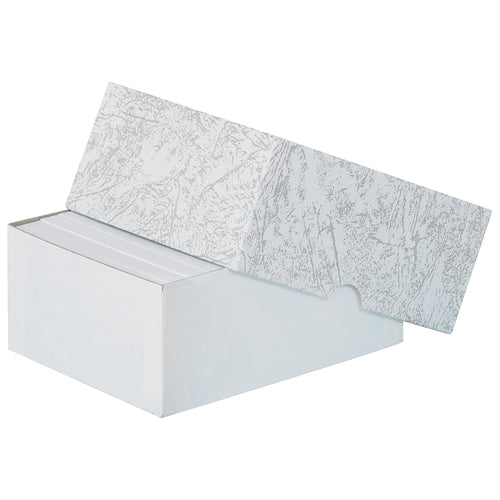 Save assembly time with fully pre-assembled set-up cartons in professional gray leatherette‚no folding required. Built from durable fibreboard with tight-wrapped covers, these stationery boxes measure 4 3/4