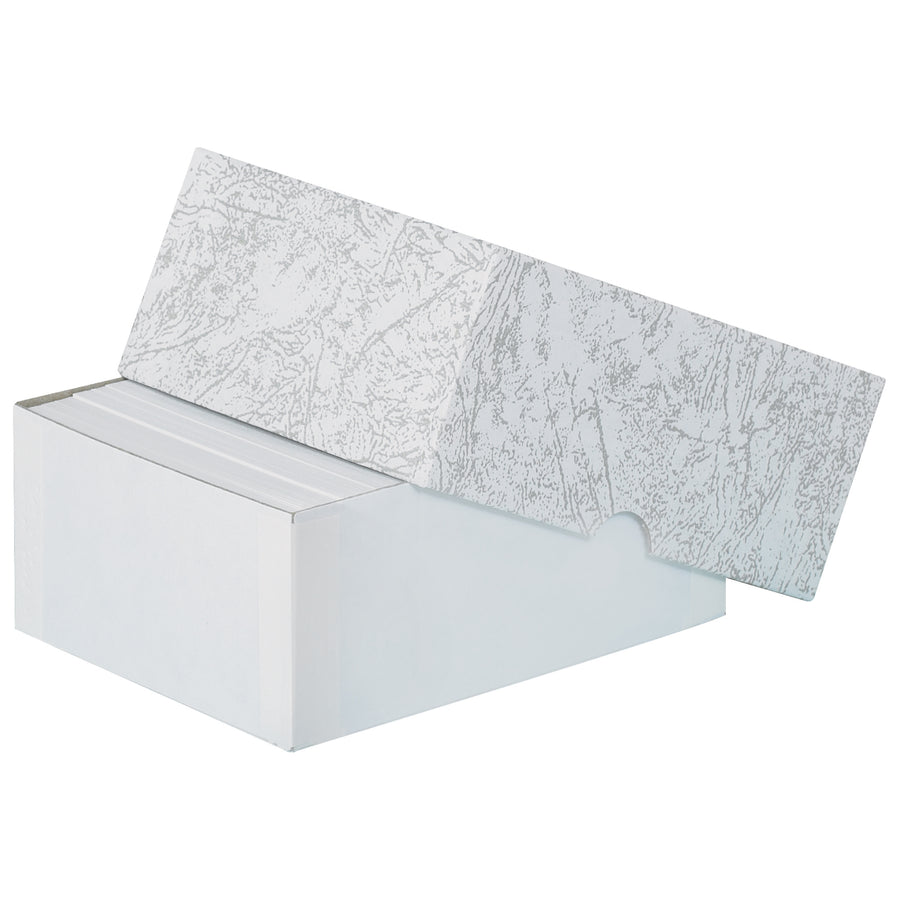 Save assembly time with fully pre-assembled set-up cartons in professional gray leatherette–no folding required. Built from durable fibreboard with tight-wrapped covers, these stationery boxes measure 4 3/4" x 3 1/2" x 2" and ship as a case of 100 units for maximum cost efficiency.