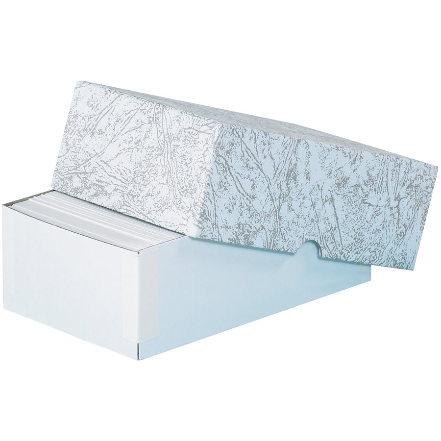 Pre-assembled gray leatherette set-up cartons eliminate folding time and labor costs. These 6" x 3.5" x 2" fibreboard boxes feature tight-wrapped covers and strong two-piece construction, perfect for business cards, letterhead, and premium stationery storage. Ships ready to use–case of 100.