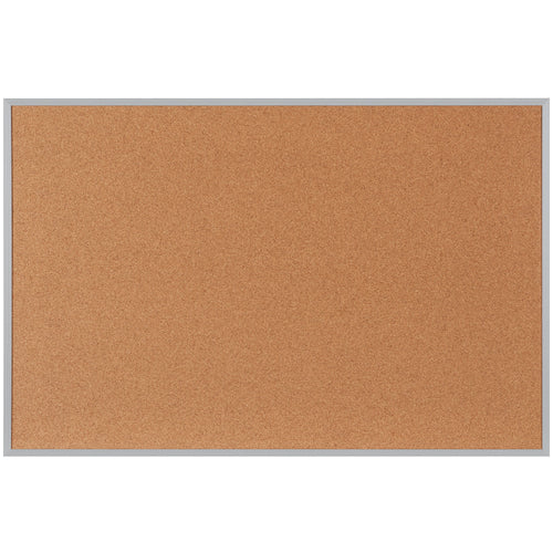 Professional 3' x 2' cork board featuring a durable natural cork surface laminated to sturdy fiberboard with satin anodized aluminum framing. Factory-installed hangers and 5/8
