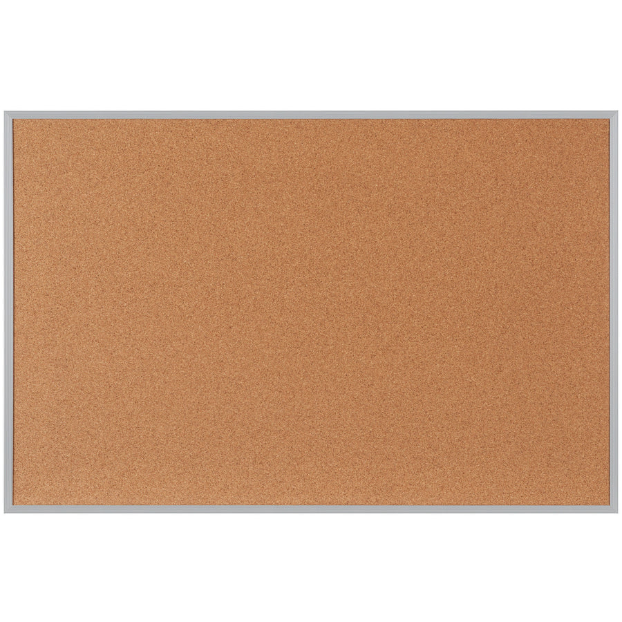 Heavy-duty 4x3 cork bulletin board featuring a thick, self-sealing natural cork surface laminated to sturdy fiberboard. Satin anodized aluminum frame with factory-installed hangers supports landscape or portrait mounting. Push pins and tacks hold materials firmly for reliable message and assignment display.