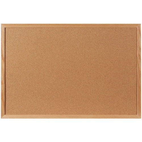 Professional-grade 4' x 3' cork bulletin board featuring thick, self-sealing natural cork surface laminated to sturdy fiberboard with solid hardwood oak frame. Mounts landscape or portrait for flexible workspace organization. Sold individually.