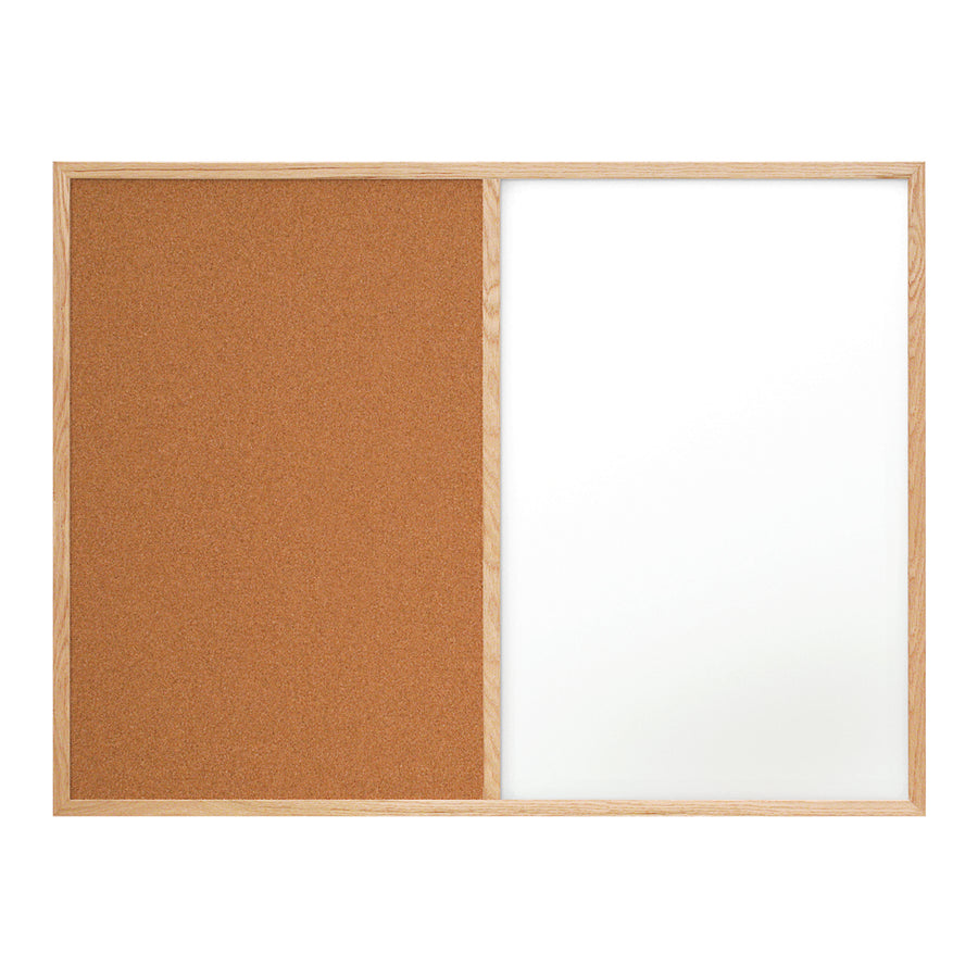 Dual-purpose 4' x 3' combination board featuring a white melamine dry erase surface on one side and natural cork on the reverse. Light oak stained hardwood frame provides durable, professional-grade construction. Perfect for warehouses, offices, and industrial facilities that need flexible workspace communication solutions.