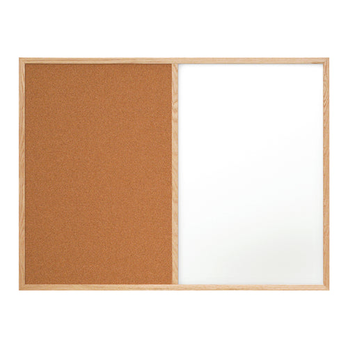 Dual-purpose 4' x 3' combination board featuring a white melamine dry erase surface on one side and natural cork on the reverse. Light oak stained hardwood frame provides durable, professional-grade construction. Perfect for warehouses, offices, and industrial facilities that need flexible workspace communication solutions.