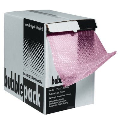 Protect sensitive electronics and fragile items with this 1/2-inch anti-static bubble dispenser roll. The 50-foot pink polyethylene roll features cross-perforations every 12 inches for quick, mess-free dispensing directly from the carton. Combines static-dissipative cushioning with workplace portability.