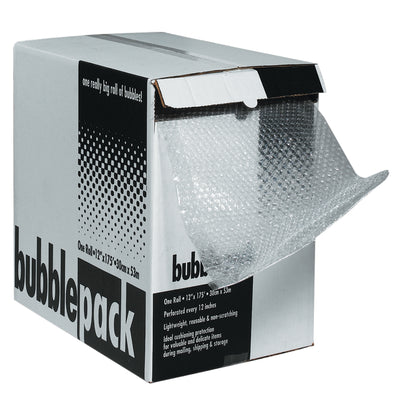 Quick-access bubble cushioning in a convenient dispenser pack format. This 5/16" cell size bubble roll measures 12" wide x 100' long with pre-perforated tear lines every 12" for effortless portioning. Ideal for e-commerce packers and low-to-medium volume shippers protecting fragile goods at the workstation.