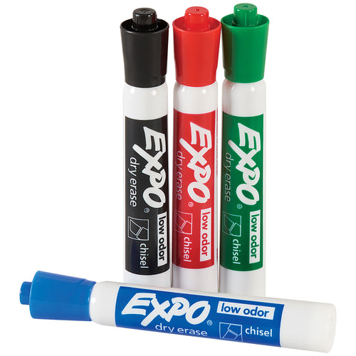 Reliable Expo¬Æ dry erase markers in assorted colors (red, green, blue, black) designed for warehouse communication and facility management. Chisel tip design writes clearly on all dry erase boards and message boards. Case of 4 markers‚cost-effective solution for bulk industrial needs.
