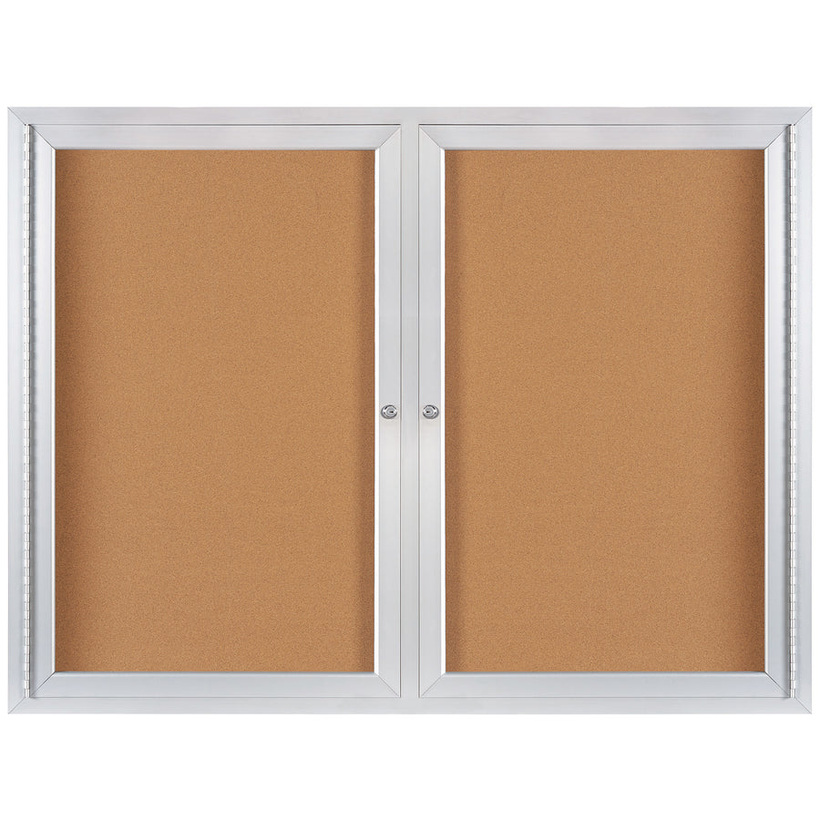 Professional 4' x 3' enclosed cork board with satin anodized aluminum frame and lockable door. Features self-sealing natural cork interior, shatterproof acrylic window, and full-length piano hinges with 2 keys included. Ideal for displaying and protecting important warehouse messages and announcements.