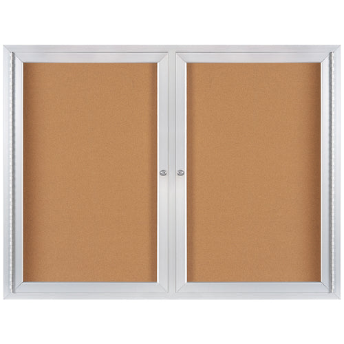 Professional 4' x 3' enclosed cork board with satin anodized aluminum frame and lockable door. Features self-sealing natural cork interior, shatterproof acrylic window, and full-length piano hinges with 2 keys included. Ideal for displaying and protecting important warehouse messages and announcements.