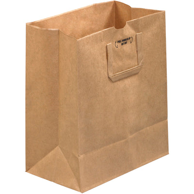 Heavy-duty 70 lb. kraft paper grocery bags with reinforced flat handles and gusseted side walls. 12x7x14 dimensions provide optimal capacity for retail, food service, and take-out operations. Case of 300 units delivers cost-efficient bulk packaging.