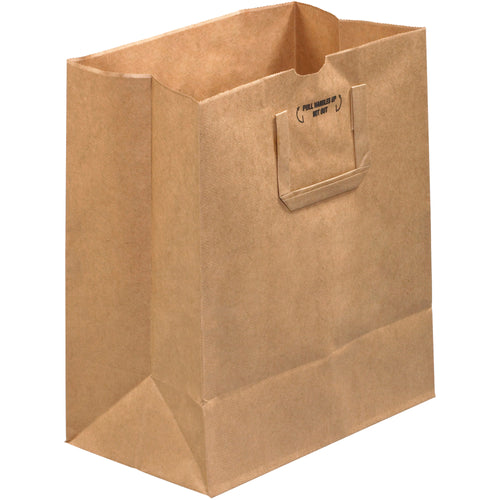 Heavy-duty 70 lb. kraft paper grocery bags with reinforced flat handles and gusseted side walls. 12x7x14 dimensions provide optimal capacity for retail, food service, and take-out operations. Case of 300 units delivers cost-efficient bulk packaging.