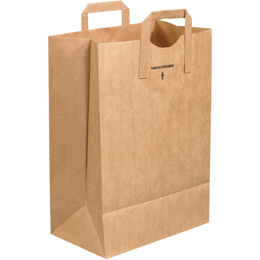 Heavy-duty kraft grocery bags with strengthened flat handles designed for retail and takeout operations. 12" x 7" x 17" dimensions with gusseted side walls accommodate bulky items and multiple purchases. Ships as case of 300 bags at competitive wholesale pricing.